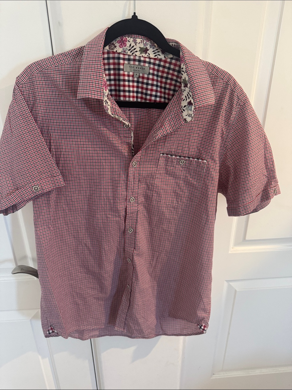 Ted Baker Red and White Gingham Short-Sleeve Button-Down with Floral Trim